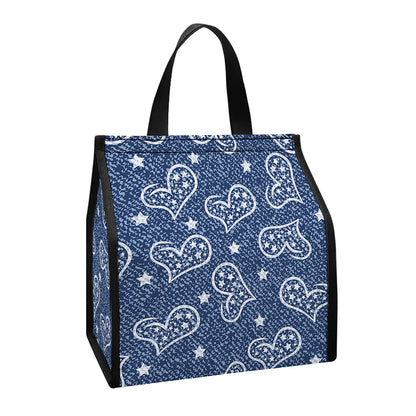 Heart And Star Denim Jeans Pattern Print Insulated Lunch Tote