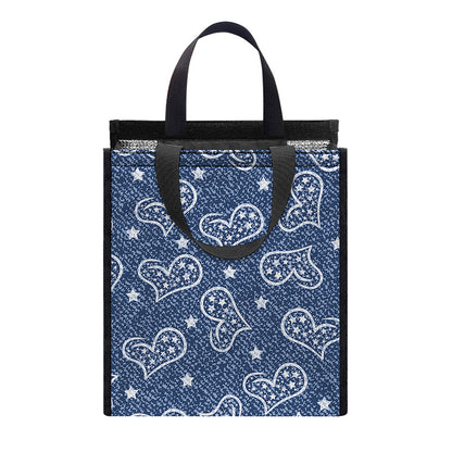 Heart And Star Denim Jeans Pattern Print Insulated Lunch Tote