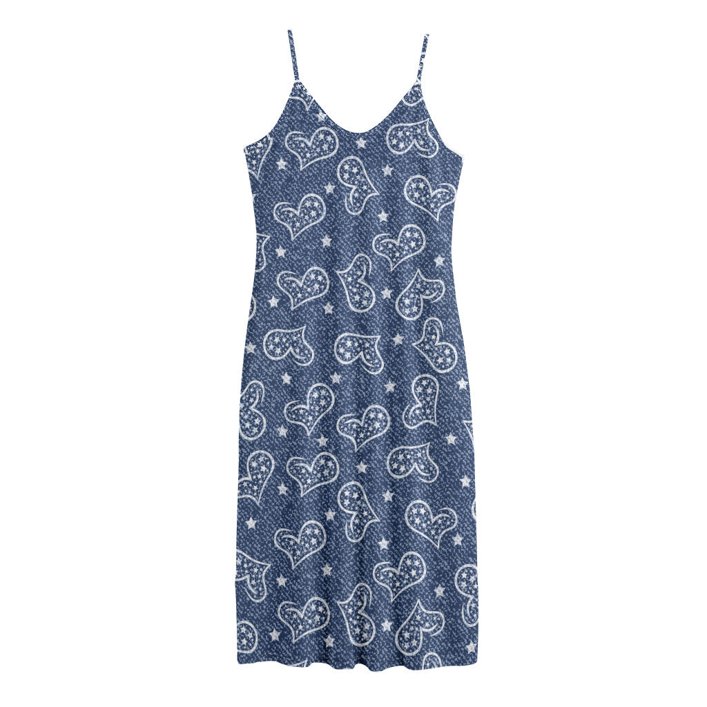 Heart And Star Denim Jeans Pattern Print Jersey Midi Cami Dress