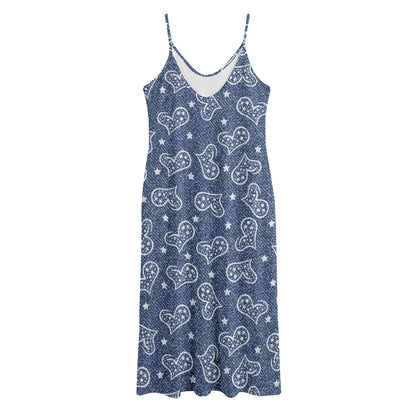 Heart And Star Denim Jeans Pattern Print Jersey Midi Cami Dress