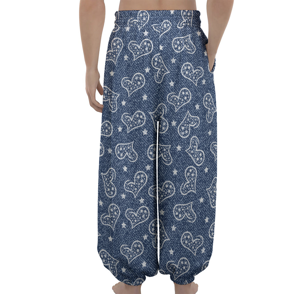 Heart And Star Denim Jeans Pattern Print Lantern Pants
