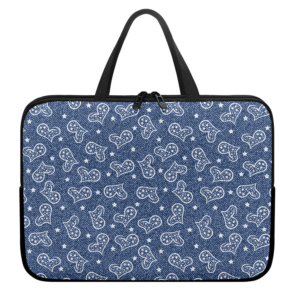 Heart And Star Denim Jeans Pattern Print Laptop Sleeve With Handle