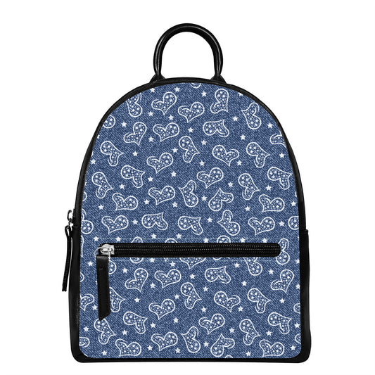 Heart And Star Denim Jeans Pattern Print Leather Backpack