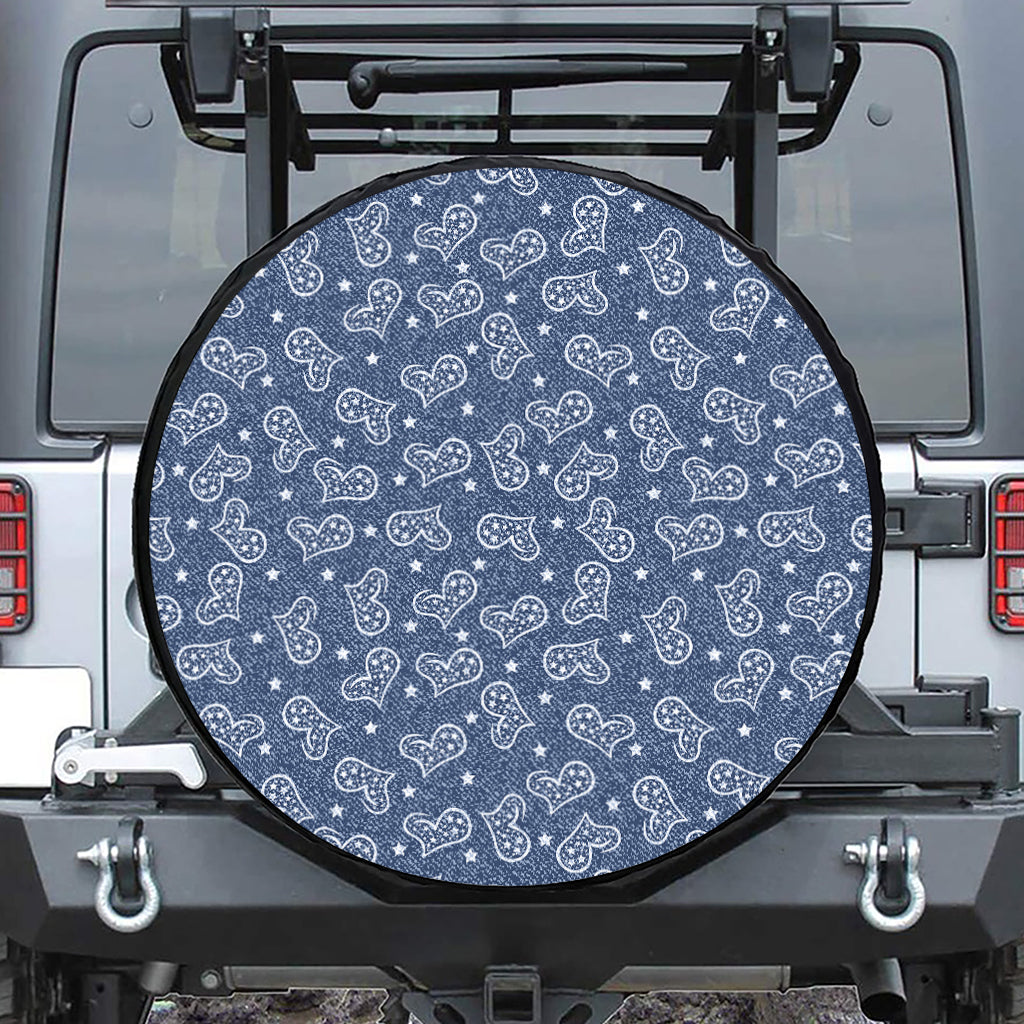 Heart And Star Denim Jeans Pattern Print Leather Spare Tire Cover