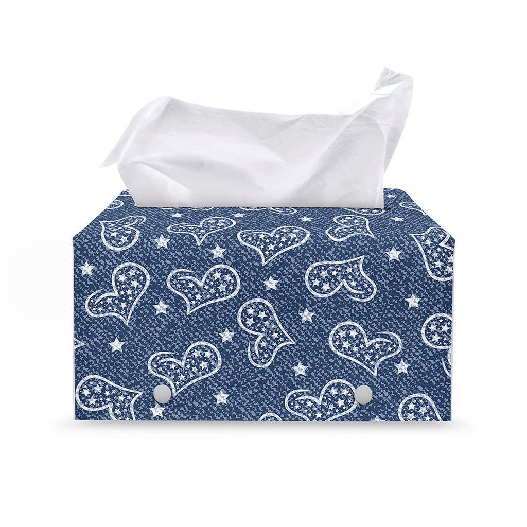 Heart And Star Denim Jeans Pattern Print Leather Tissue Box Cover