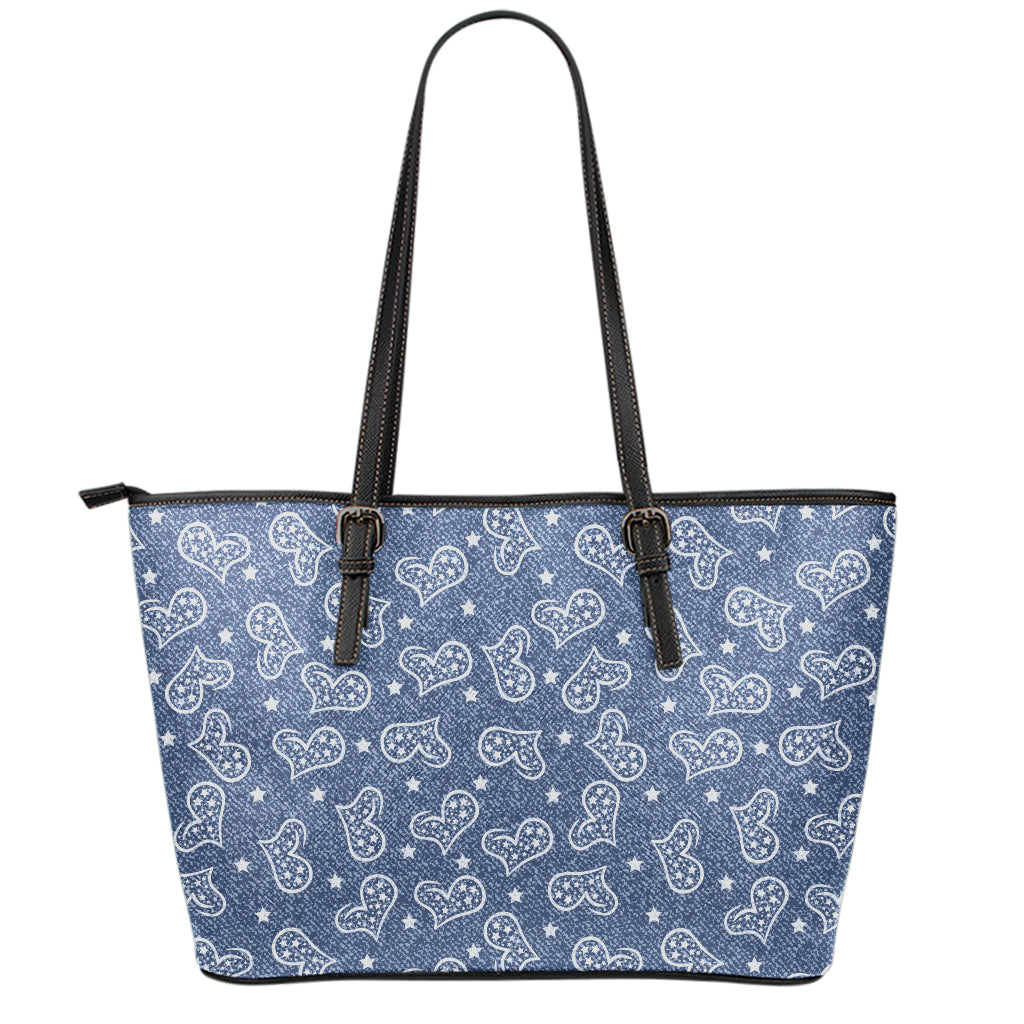 Heart And Star Denim Jeans Pattern Print Leather Tote Bag