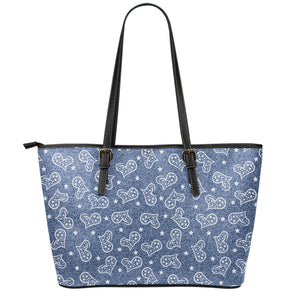 Heart And Star Denim Jeans Pattern Print Leather Tote Bag