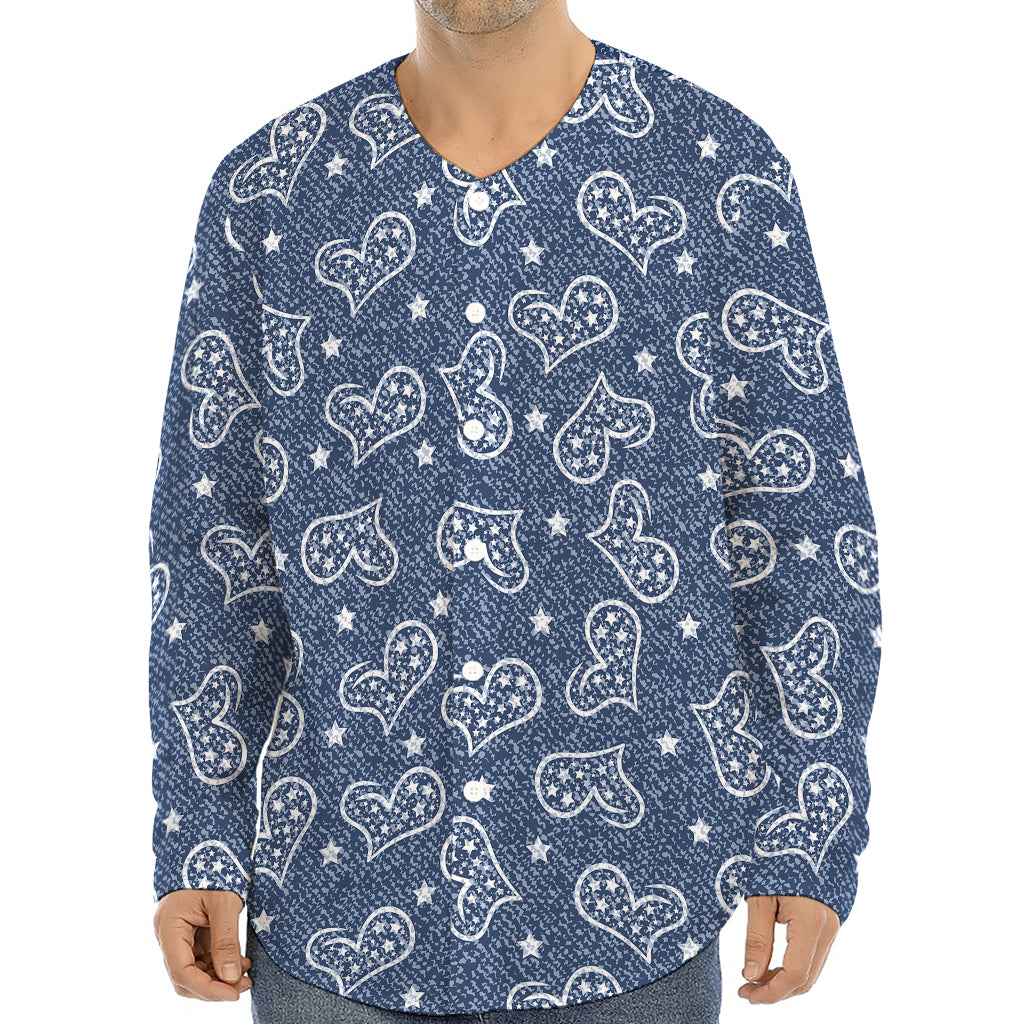 Heart And Star Denim Jeans Pattern Print Long Sleeve Baseball Jersey