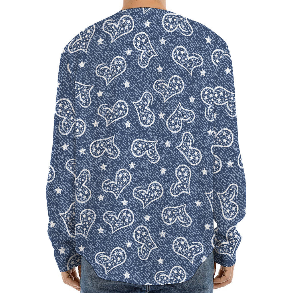 Heart And Star Denim Jeans Pattern Print Long Sleeve Baseball Jersey