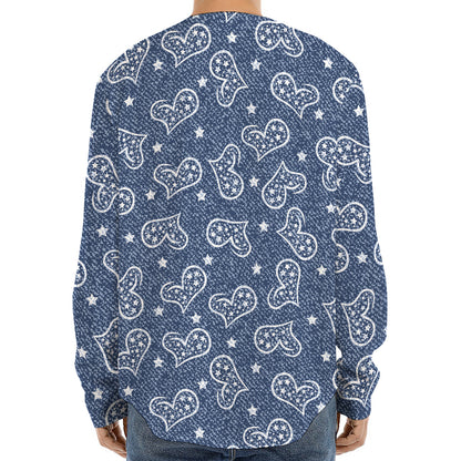 Heart And Star Denim Jeans Pattern Print Long Sleeve Baseball Jersey