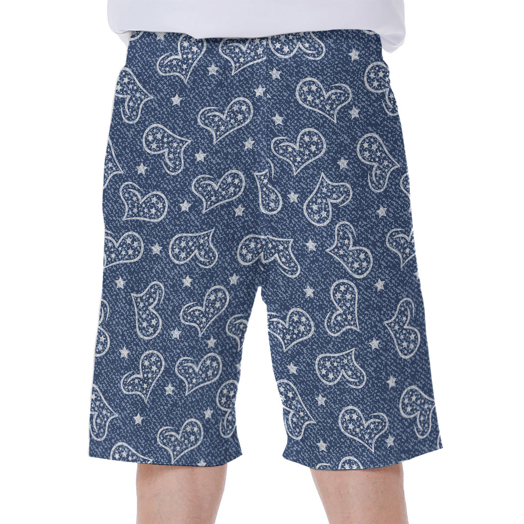 Heart And Star Denim Jeans Pattern Print Men's Beach Shorts