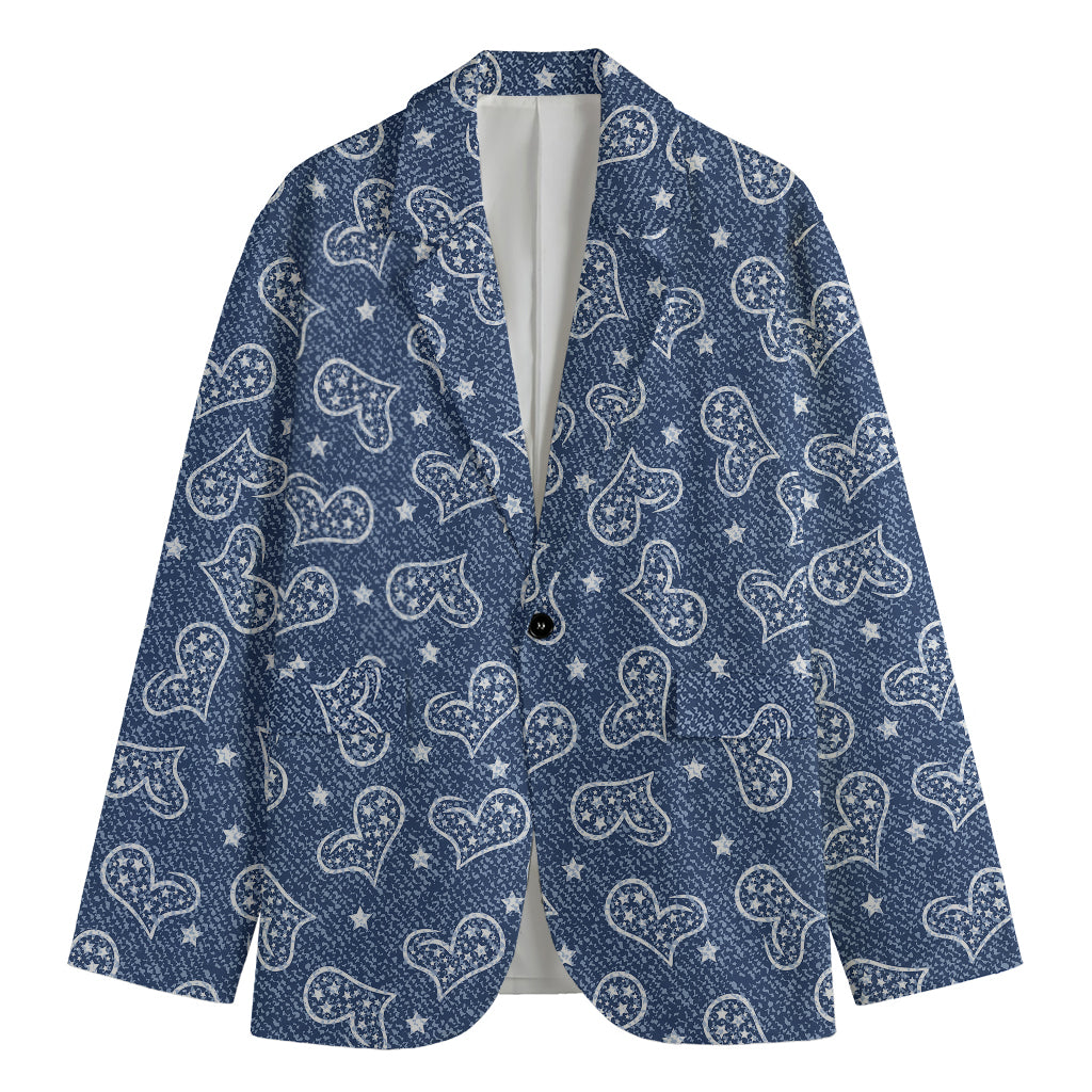 Heart And Star Denim Jeans Pattern Print Men's Blazer