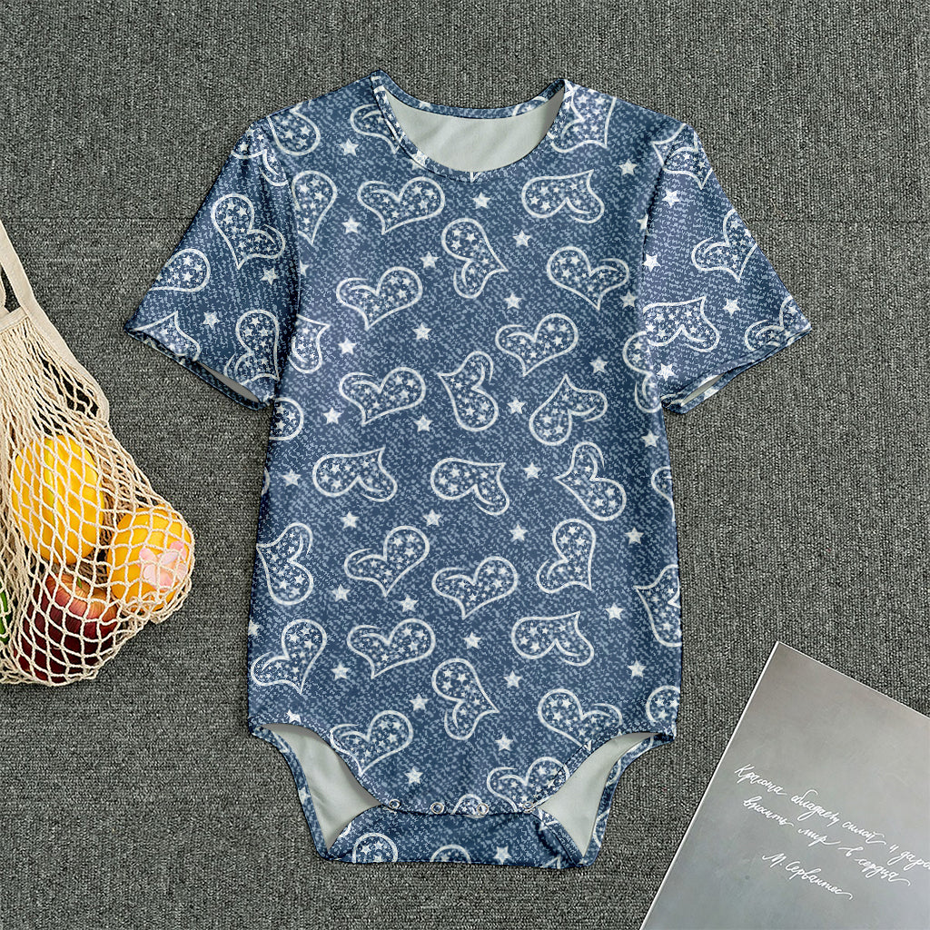 Heart And Star Denim Jeans Pattern Print Men's Bodysuit