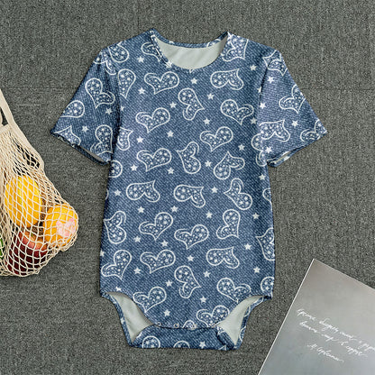 Heart And Star Denim Jeans Pattern Print Men's Bodysuit