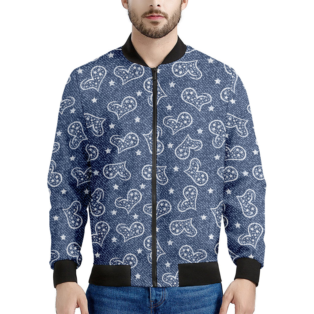 Heart And Star Denim Jeans Pattern Print Men's Bomber Jacket