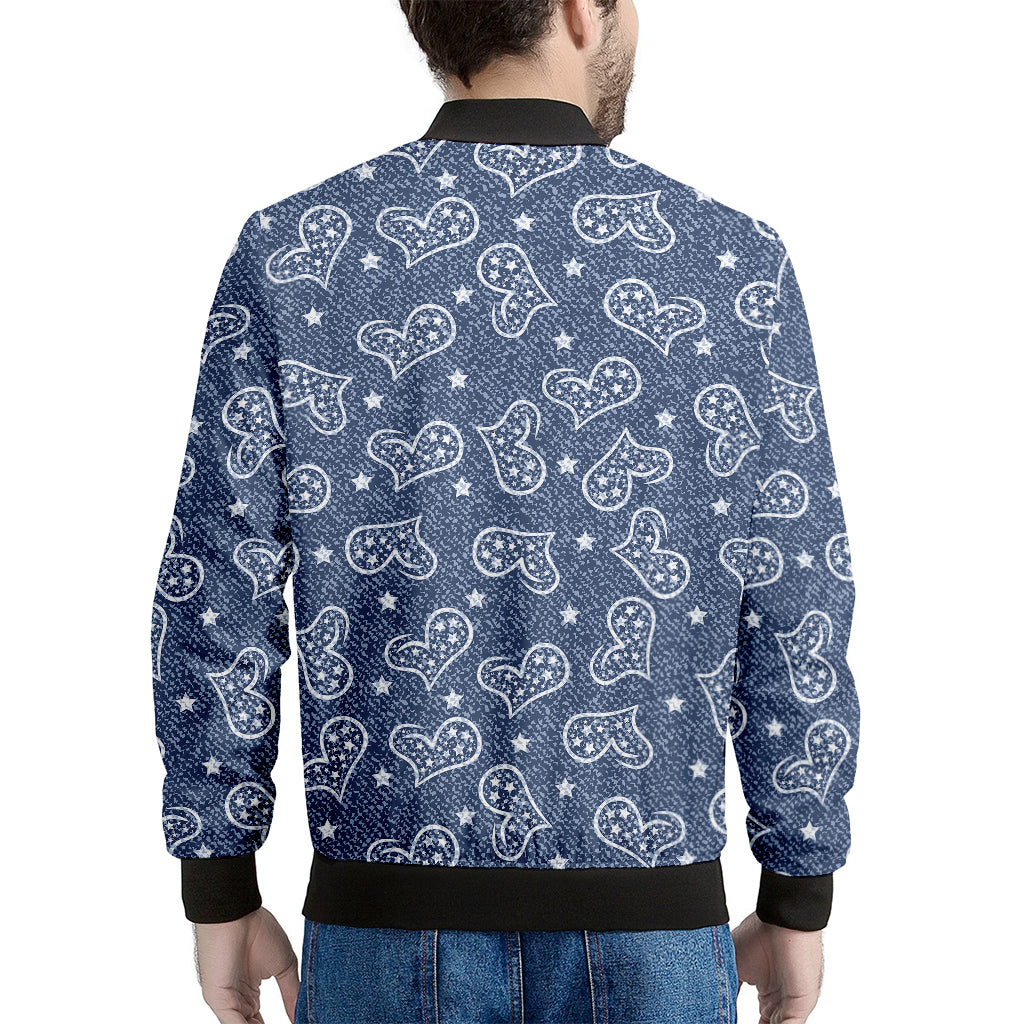 Heart And Star Denim Jeans Pattern Print Men's Bomber Jacket