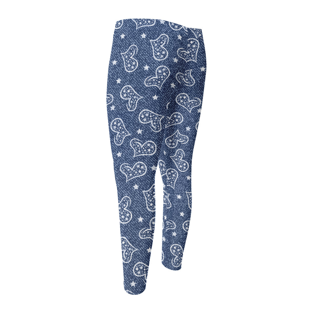 Heart And Star Denim Jeans Pattern Print Men's Compression Pants