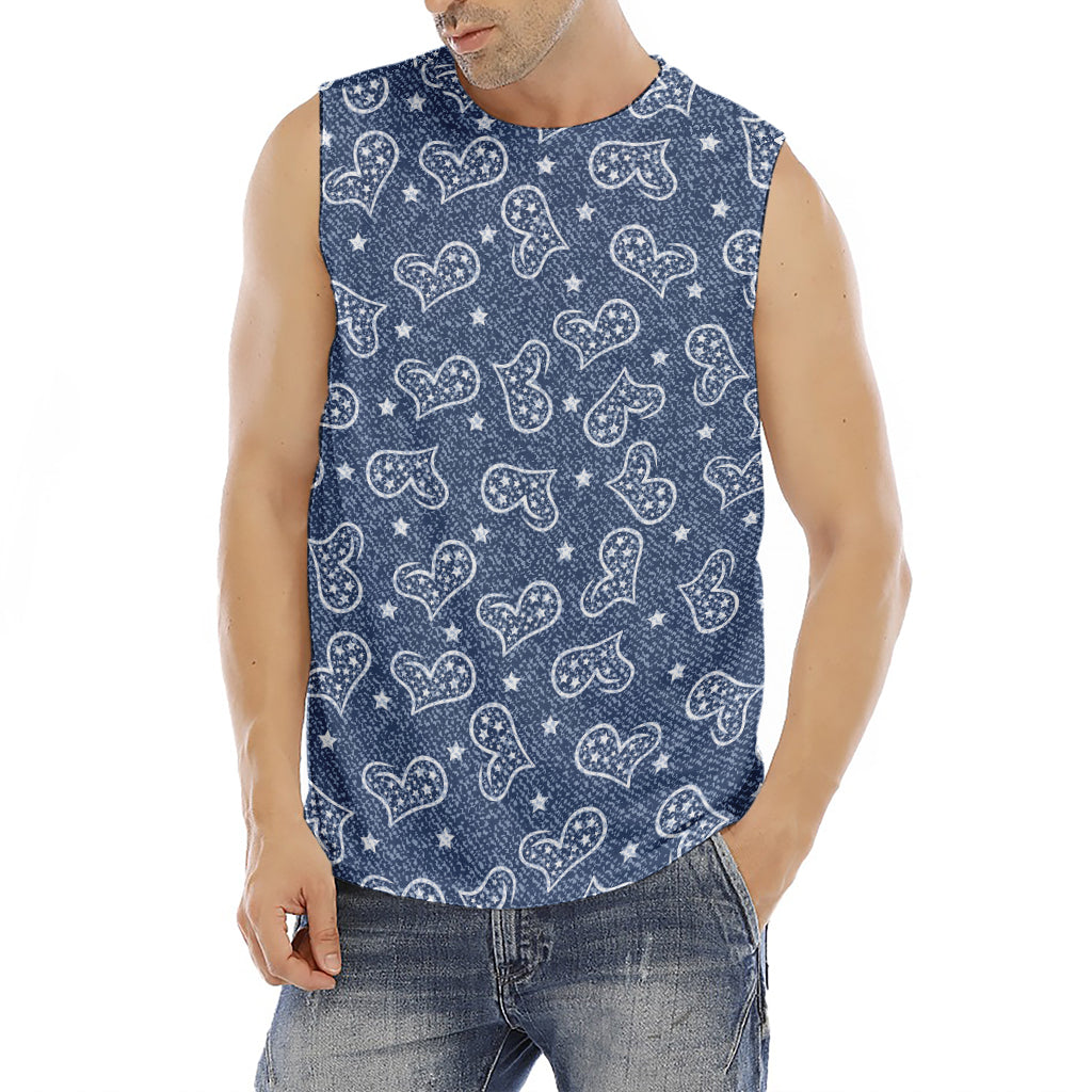 Heart And Star Denim Jeans Pattern Print Men's Fitness Tank Top