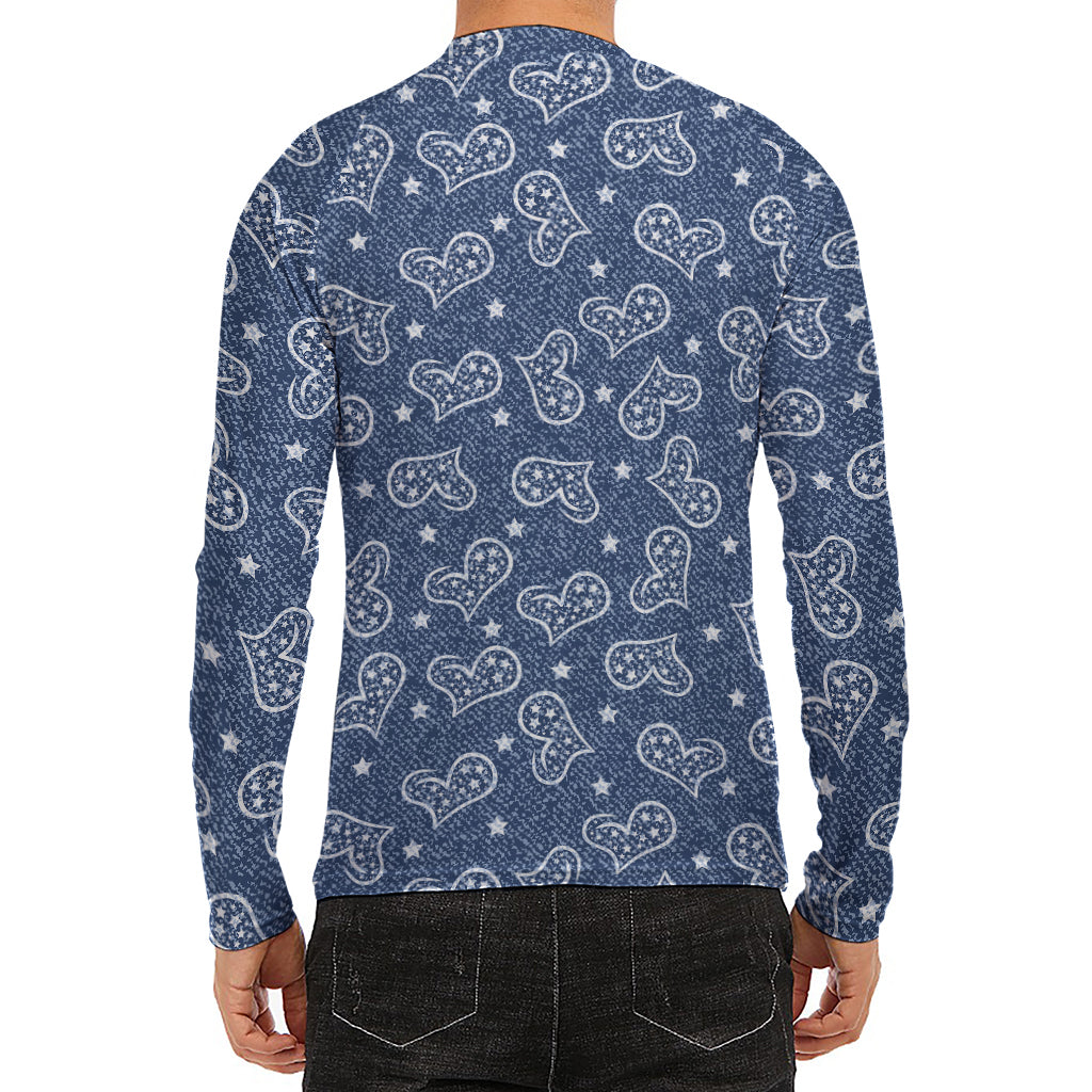 Heart And Star Denim Jeans Pattern Print Men's Long Sleeve Rash Guard