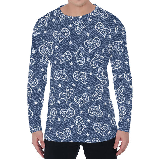 Heart And Star Denim Jeans Pattern Print Men's Long Sleeve T-Shirt