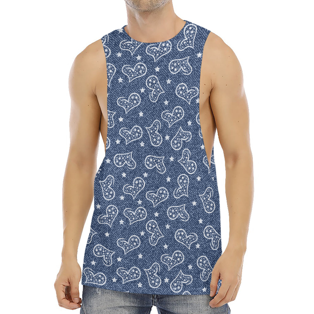 Heart And Star Denim Jeans Pattern Print Men's Muscle Tank Top