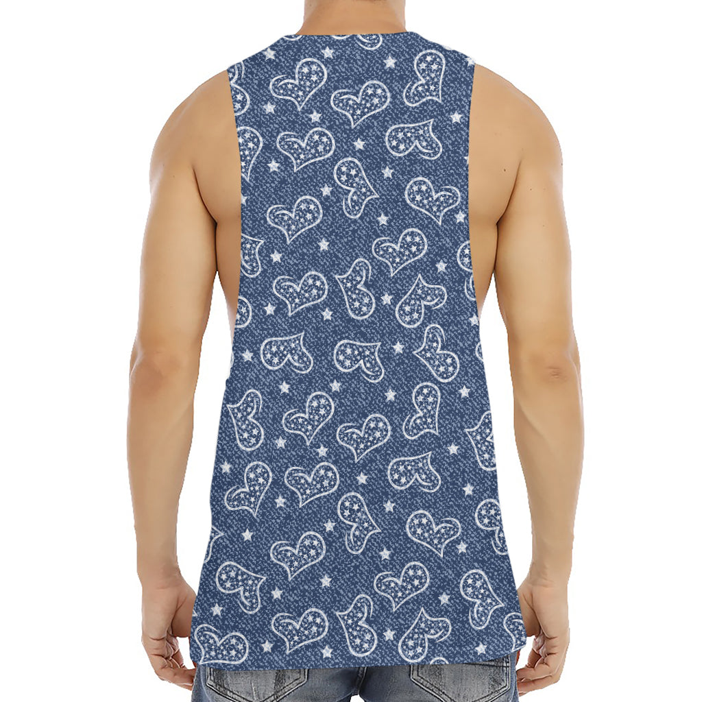 Heart And Star Denim Jeans Pattern Print Men's Muscle Tank Top