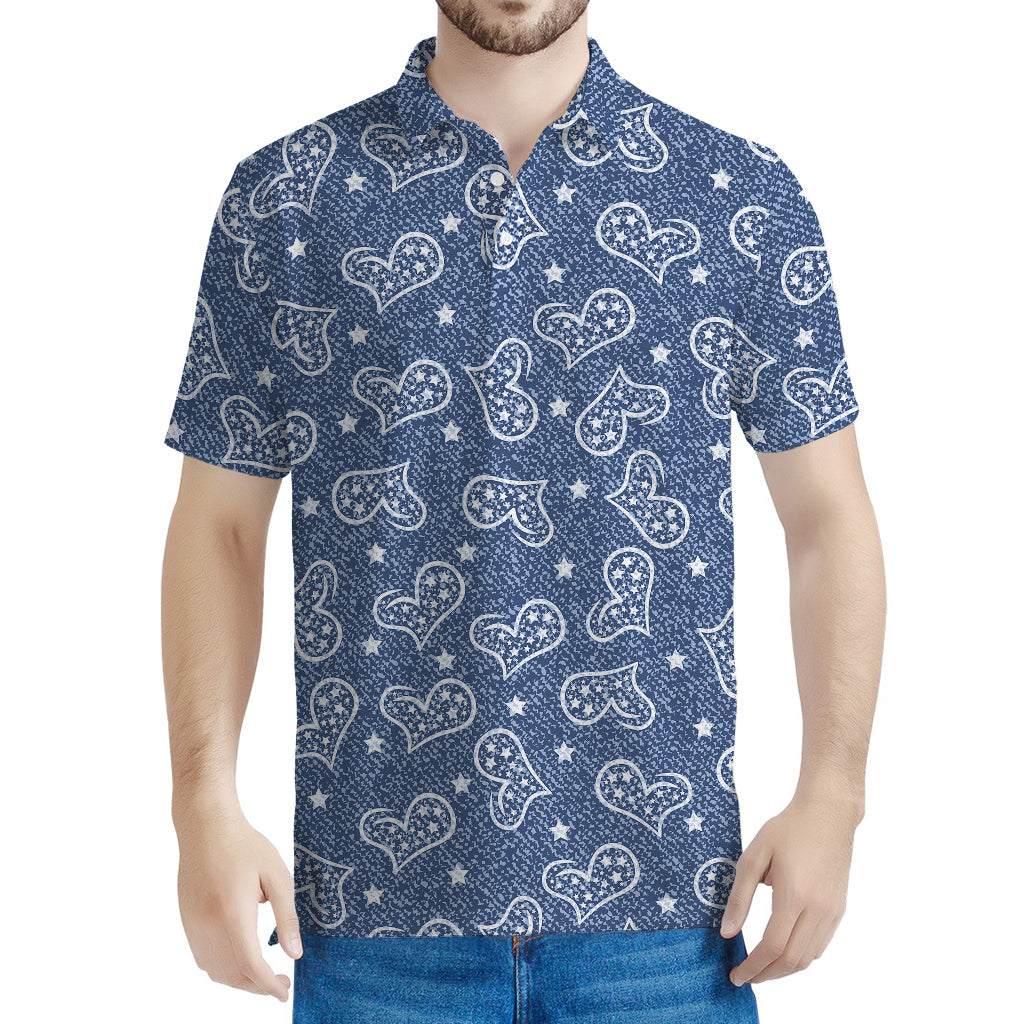 Heart And Star Denim Jeans Pattern Print Men's Polo Shirt