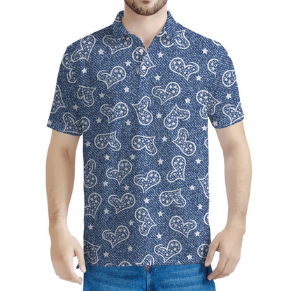 Heart And Star Denim Jeans Pattern Print Men's Polo Shirt