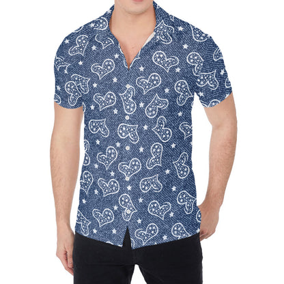 Heart And Star Denim Jeans Pattern Print Men's Shirt