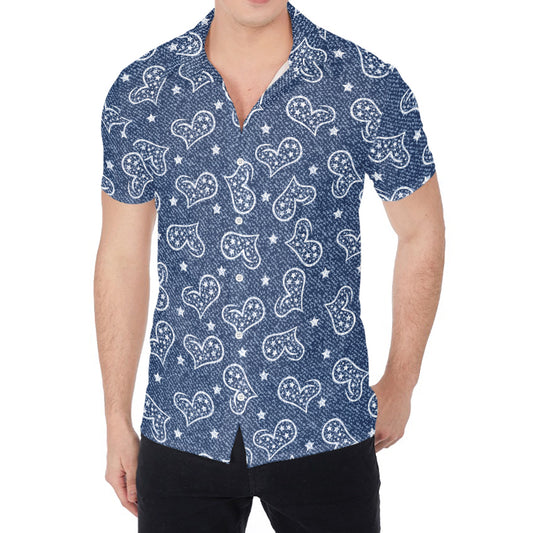 Heart And Star Denim Jeans Pattern Print Men's Shirt