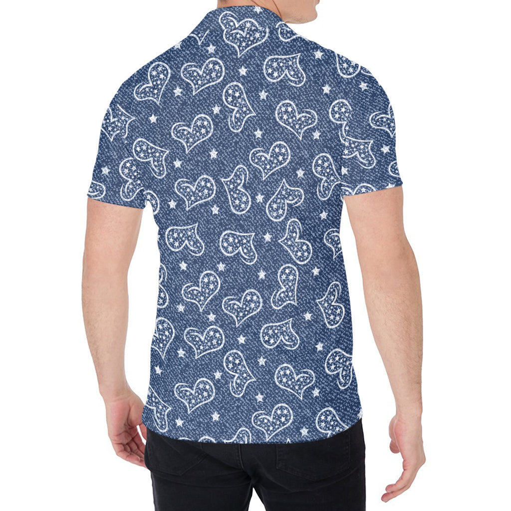 Heart And Star Denim Jeans Pattern Print Men's Shirt