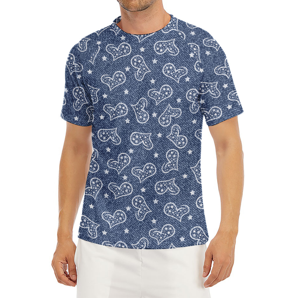 Heart And Star Denim Jeans Pattern Print Men's Short Sleeve Rash Guard