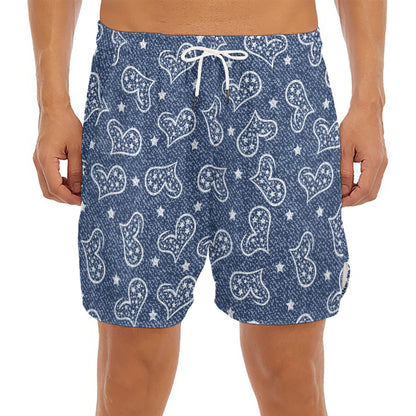 Heart And Star Denim Jeans Pattern Print Men's Split Running Shorts