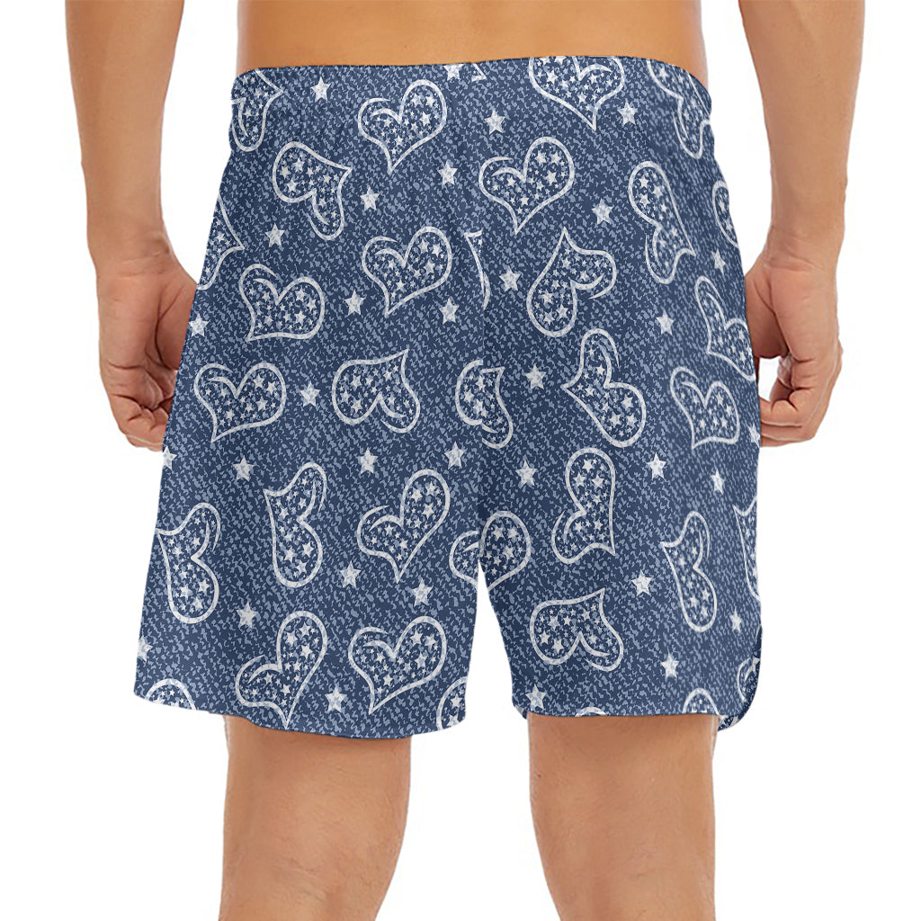 Heart And Star Denim Jeans Pattern Print Men's Split Running Shorts