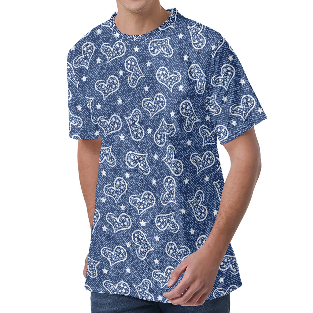 Heart And Star Denim Jeans Pattern Print Men's Velvet T-Shirt