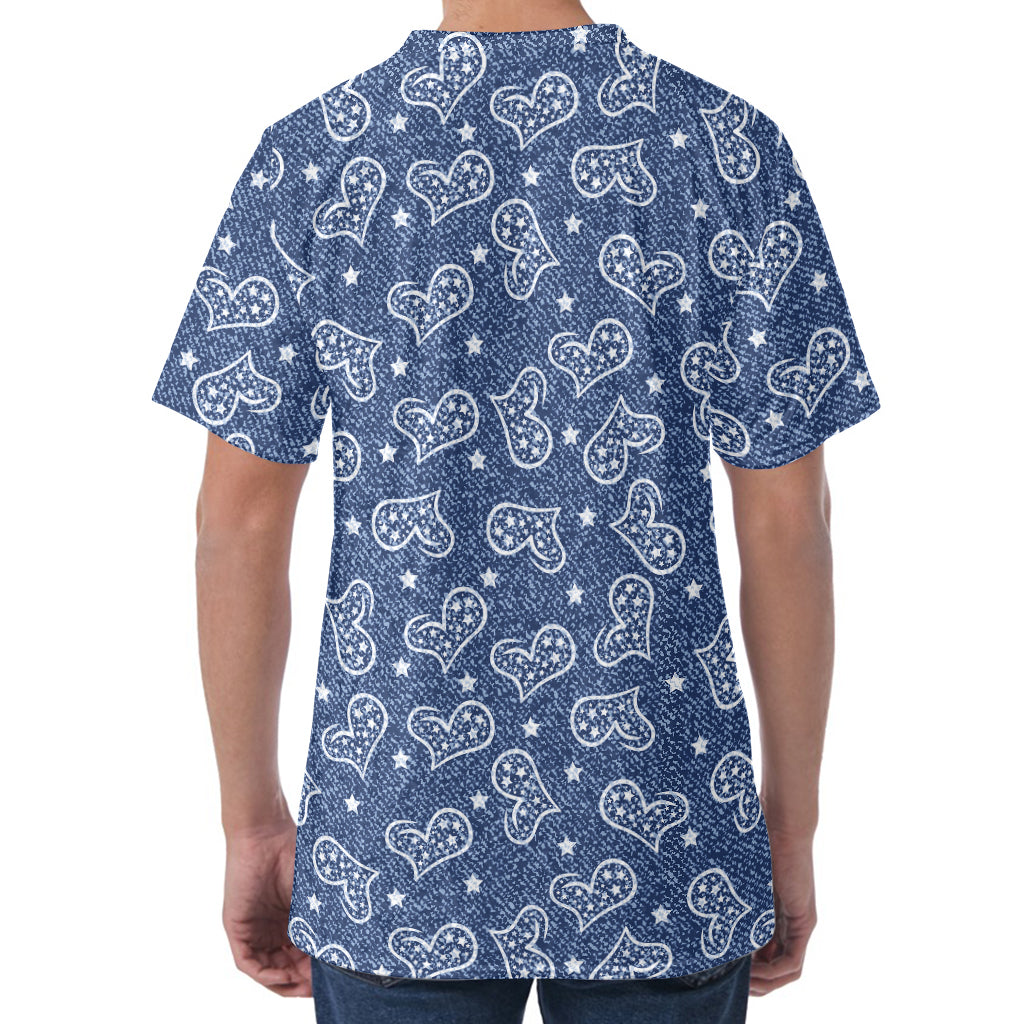 Heart And Star Denim Jeans Pattern Print Men's Velvet T-Shirt