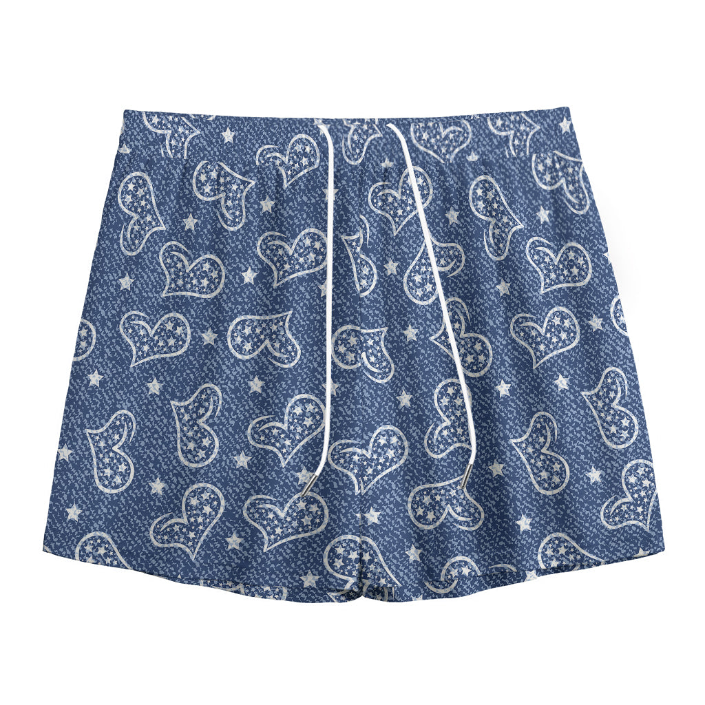 Heart And Star Denim Jeans Pattern Print Mesh Shorts