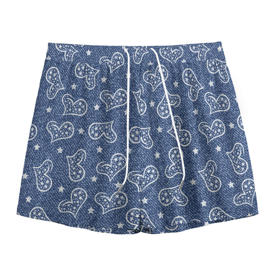 Heart And Star Denim Jeans Pattern Print Mesh Shorts