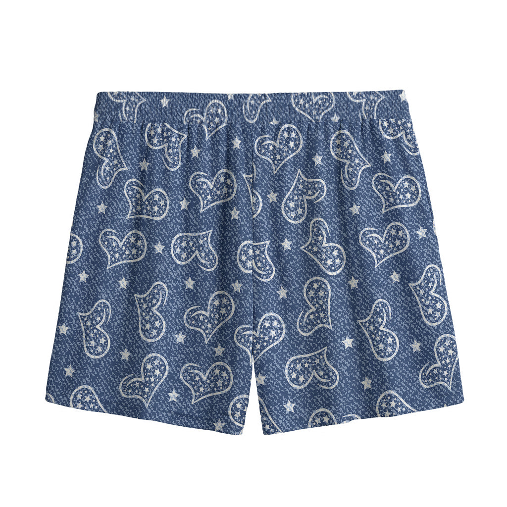 Heart And Star Denim Jeans Pattern Print Mesh Shorts