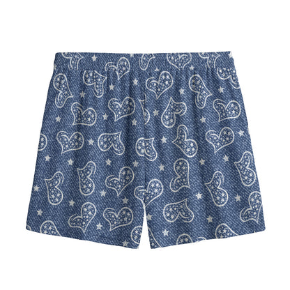 Heart And Star Denim Jeans Pattern Print Mesh Shorts