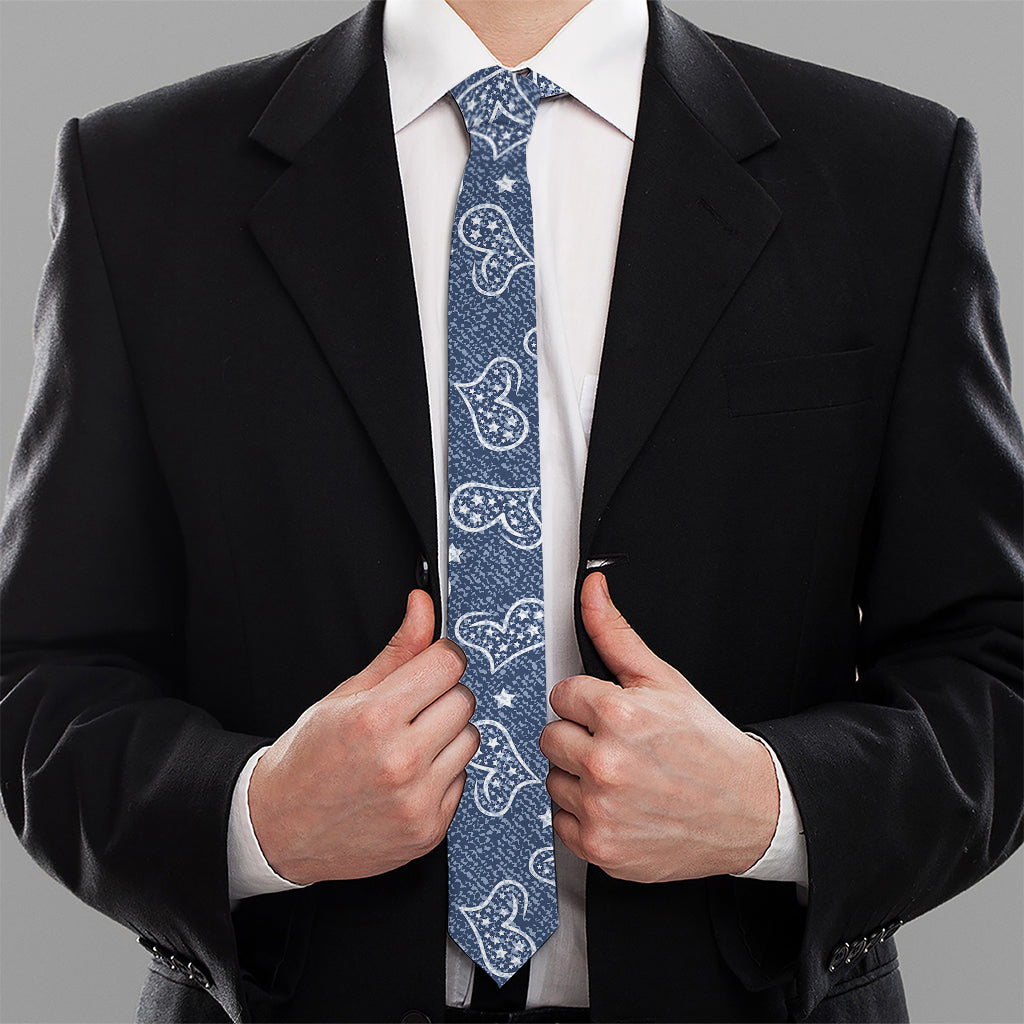 Heart And Star Denim Jeans Pattern Print Necktie