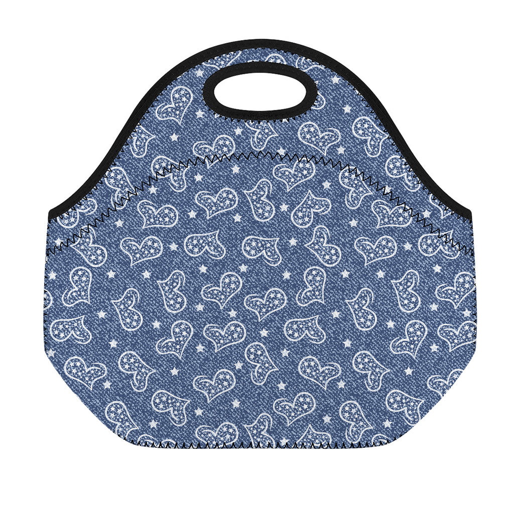 Heart And Star Denim Jeans Pattern Print Neoprene Lunch Bag