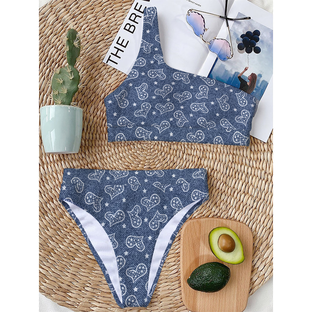 Heart And Star Denim Jeans Pattern Print One Shoulder Bikini Top