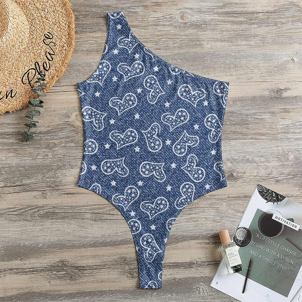 Heart And Star Denim Jeans Pattern Print One Shoulder Bodysuit