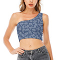 Heart And Star Denim Jeans Pattern Print One Shoulder Crop Top