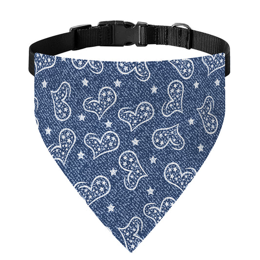 Heart And Star Denim Jeans Pattern Print Over The Collar Dog Bandana
