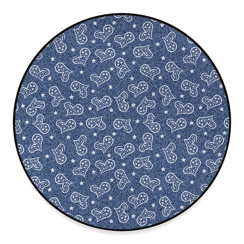 Heart And Star Denim Jeans Pattern Print Round Floor Mat