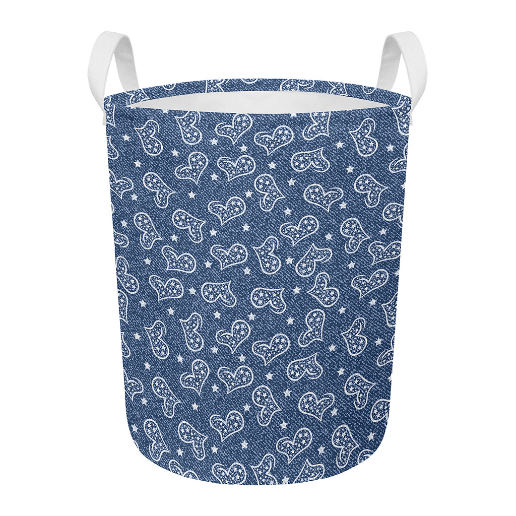 Heart And Star Denim Jeans Pattern Print Round Laundry Basket