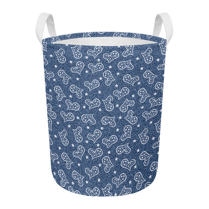 Heart And Star Denim Jeans Pattern Print Round Laundry Basket