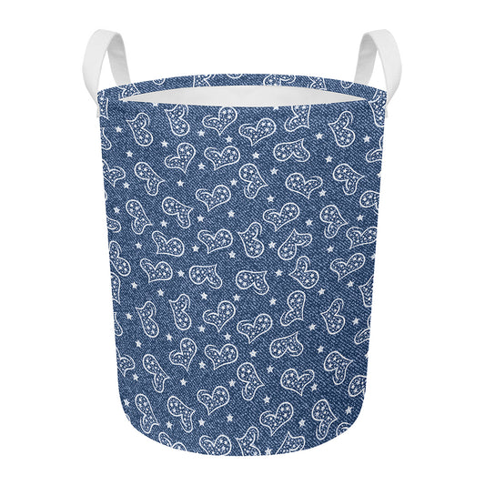 Heart And Star Denim Jeans Pattern Print Round Laundry Basket